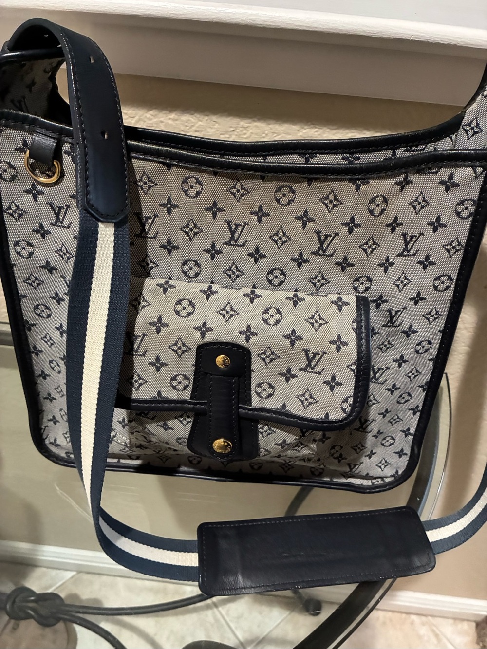 Louis Vuitton Blue Monogram Canvas Shoulder Bag with Striped Strap